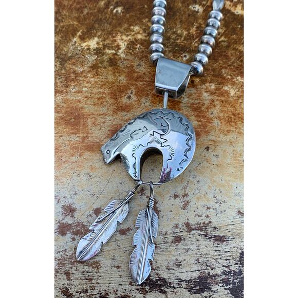 Navajo SS Beaded Necklace with Bear and Feather Pendant by JC Delgarito - Picture 11 of 11